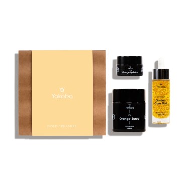Zestaw upominkowy „Gold Treasure”: Złoty eliksir pielęgnacyjny 30 ml,  Peeling pomarańczowy 100 ml,  Pomarańczowy balsam do ust 