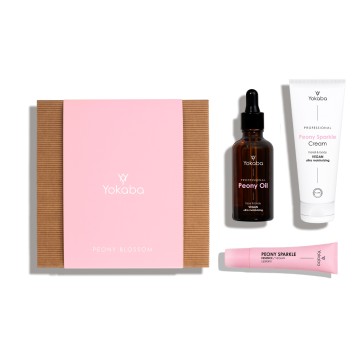 Geschenkbox Peony Blossom: Peony Sparkle Cream 75 ml,  Peony Oil 50 ml,  Peony Sparkle Lippenbalsam 15 ml,  Yokaba